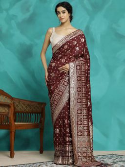 Jaipur Kurti - Wine Festive Zari Woven Heavy Banarasi Saree