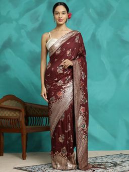 Jaipur Kurti - Burgundy Festive Zari Woven Heavy Banarasi Saree