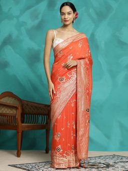 Jaipur Kurti - Orange Festive Zari Woven Heavy Banarasi Saree