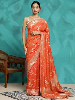 Jaipur Kurti - Orange Festive Zari Woven Design Heavy Banarasi Saree