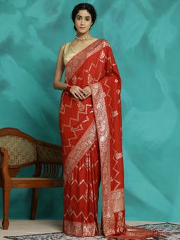 Jaipur Kurti - Red Zari Woven Design Heavy Banarasi Saree