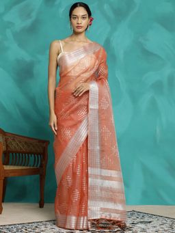 Jaipur Kurti - Peach Festive Wear Banarasi Organza Saree