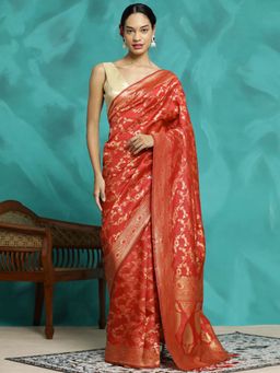 Jaipur Kurti - Red Zari Woven Red Banarasi Saree