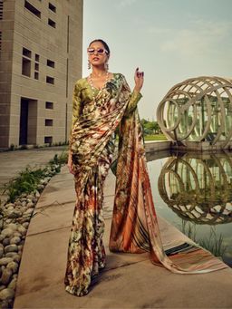 Odette - Multicolor Satin Printed Saree with Unstitched Blouse for Women