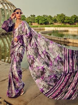 Odette - Purple Satin Printed Saree with Unstitched Blouse for Women