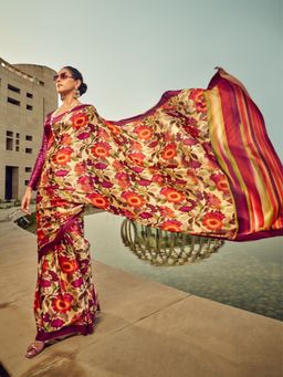 Odette - Beige Satin Printed Saree with Unstitched Blouse for Women