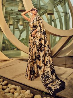 Odette - Beige Satin Printed Saree with Unstitched Blouse for Women
