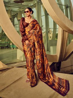 Odette - Rust Satin Printed Saree with Unstitched Blouse for Women