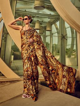 Odette - Multicolor Satin Printed Saree with Unstitched Blouse for Women