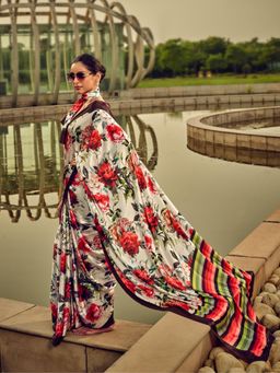 Odette - White Satin Floral Saree with Unstitched Blouse for Women