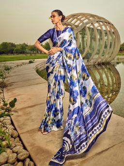 Odette - White Satin Floral Saree with Unstitched Blouse for Women