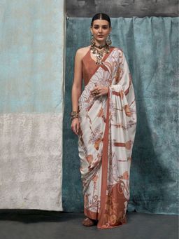 Odette - Off White Satin Printed Saree with Unstitched Blouse for Women