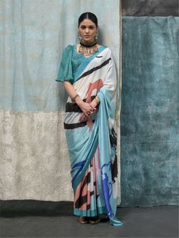 Odette - Sea Green Satin Printed Saree with Unstitched Blouse for Women