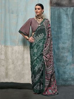 Odette - Green Satin Printed Saree with Unstitched Blouse for Women