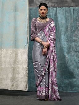 Odette - Grey Satin Printed Saree with Unstitched Blouse for Women