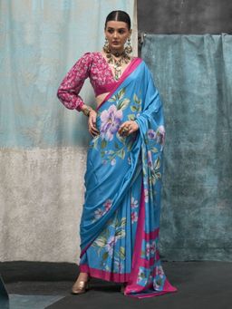 Odette - Blue Satin Floral Saree with Unstitched Blouse for Women