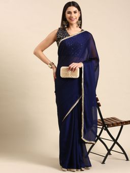 Odette - Navy Blue Georgette Embellished Saree with Unstitched Blouse for Women