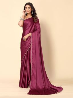 Odette - Maroon Satin Embellished Saree with Unstitched Blouse for Women