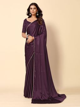 Odette - Wine Satin Embellished Saree with Unstitched Blouse for Women