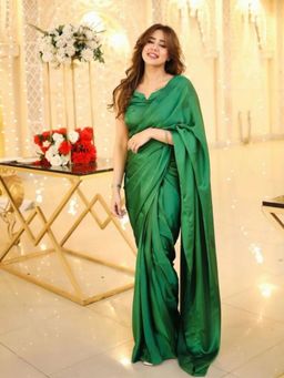 Odette - Green Satin Solid Saree with Unstitched Blouse for Women