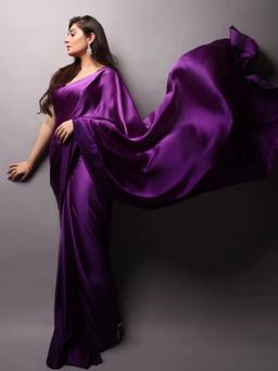 Odette - Purple Satin Solid Saree with Unstitched Blouse for Women