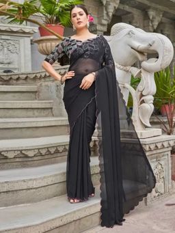 Odette - Black Georgette Solid Saree with Unstitched Blouse for Women