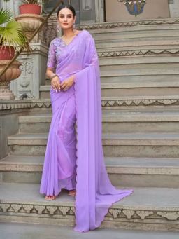 Odette - Purple Georgette Solid Saree with Unstitched Blouse for Women