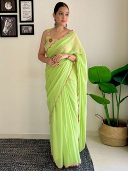 Odette - Green Georgette Solid Saree with Unstitched Blouse for Women
