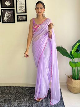 Odette - Lavender Georgette Solid Saree with Unstitched Blouse for Women