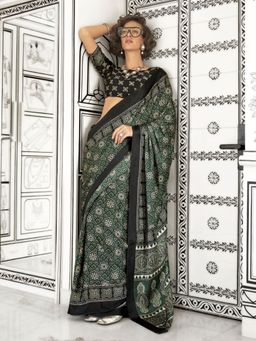 Odette - Green Satin Printed Saree with Unstitched Blouse for Women