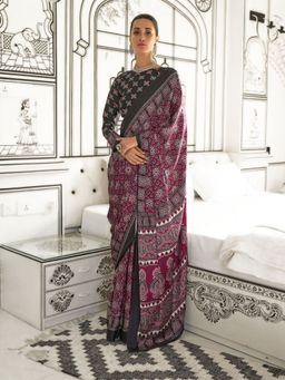 Odette - Maroon Satin Printed Saree with Unstitched Blouse for Women