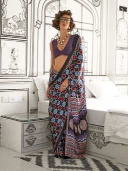 Odette - Black Satin Printed Saree with Unstitched Blouse for Women