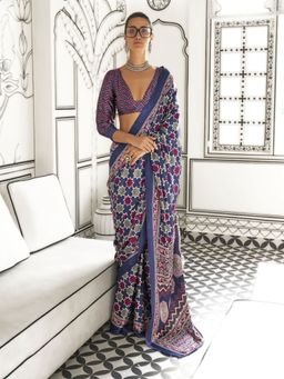 Odette - Navy Blue Satin Printed Saree with Unstitched Blouse for Women