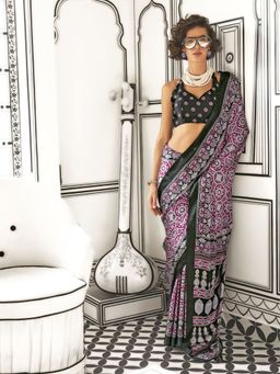 Odette - Pink Satin Printed Saree with Unstitched Blouse for Women