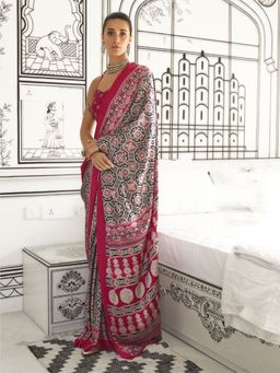 Odette - Maroon Satin Printed Saree with Unstitched Blouse for Women