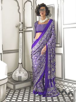 Odette - Purple Satin Printed Saree with Unstitched Blouse for Women