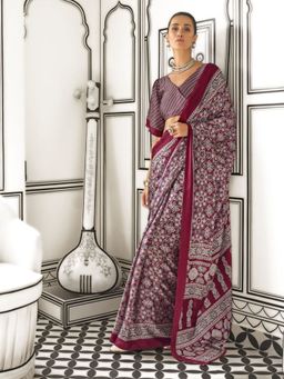Odette - Maroon Satin Printed Saree with Unstitched Blouse for Women