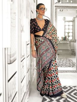 Odette - Multicolor Satin Printed Saree with Unstitched Blouse for Women