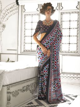Odette - Multicolor Satin Printed Saree with Unstitched Blouse for Women