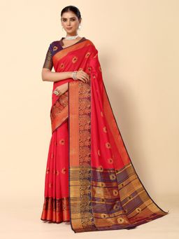 Odette - Red Cotton Blend Woven Design Saree with Unstitched Blouse for Women