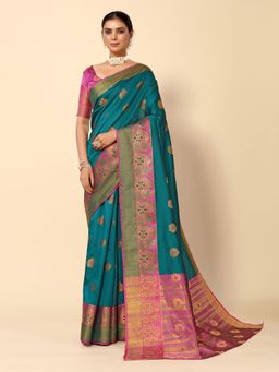 Odette - Teal Cotton Blend Woven Design Saree with Unstitched Blouse for Women