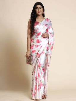 Odette - White Satin Floral Saree with Unstitched Blouse for Women
