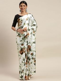 Odette - Off White Satin Printed Saree with Unstitched Blouse for Women