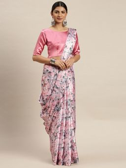 Odette - Pink Satin Floral Saree with Unstitched Blouse for Women