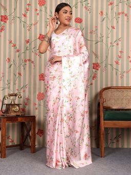 Odette - Pink Satin Floral Saree with Unstitched Blouse for Women