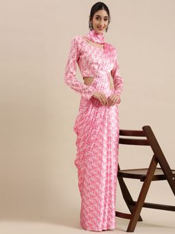 Odette - Pink Satin Printed Saree with Unstitched Blouse for Women