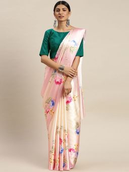 Odette - Peach Satin Floral Saree with Unstitched Blouse for Women