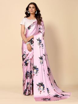 Odette - Pink Satin Floral Saree with Unstitched Blouse for Women