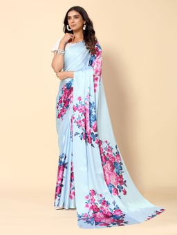 Odette - Blue Satin Floral Saree with Unstitched Blouse for Women
