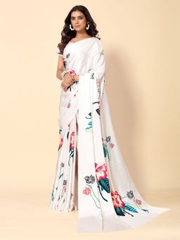 Odette - White Satin Floral Saree with Unstitched Blouse for Women